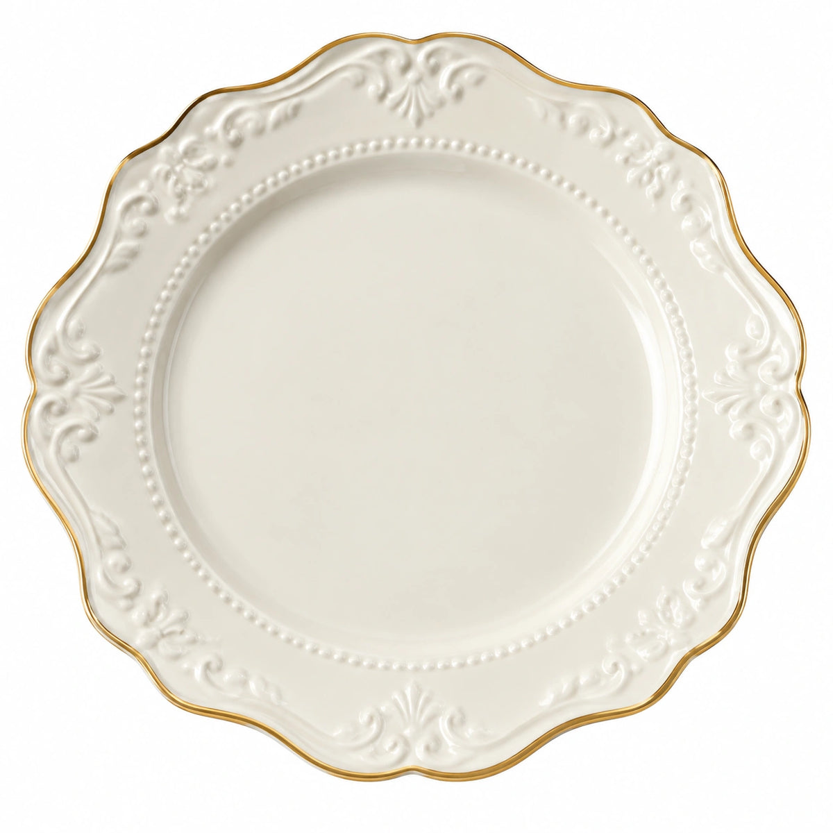 Assiette plate diamètre 27 cm en porcelaine ivoire bord doré style classique