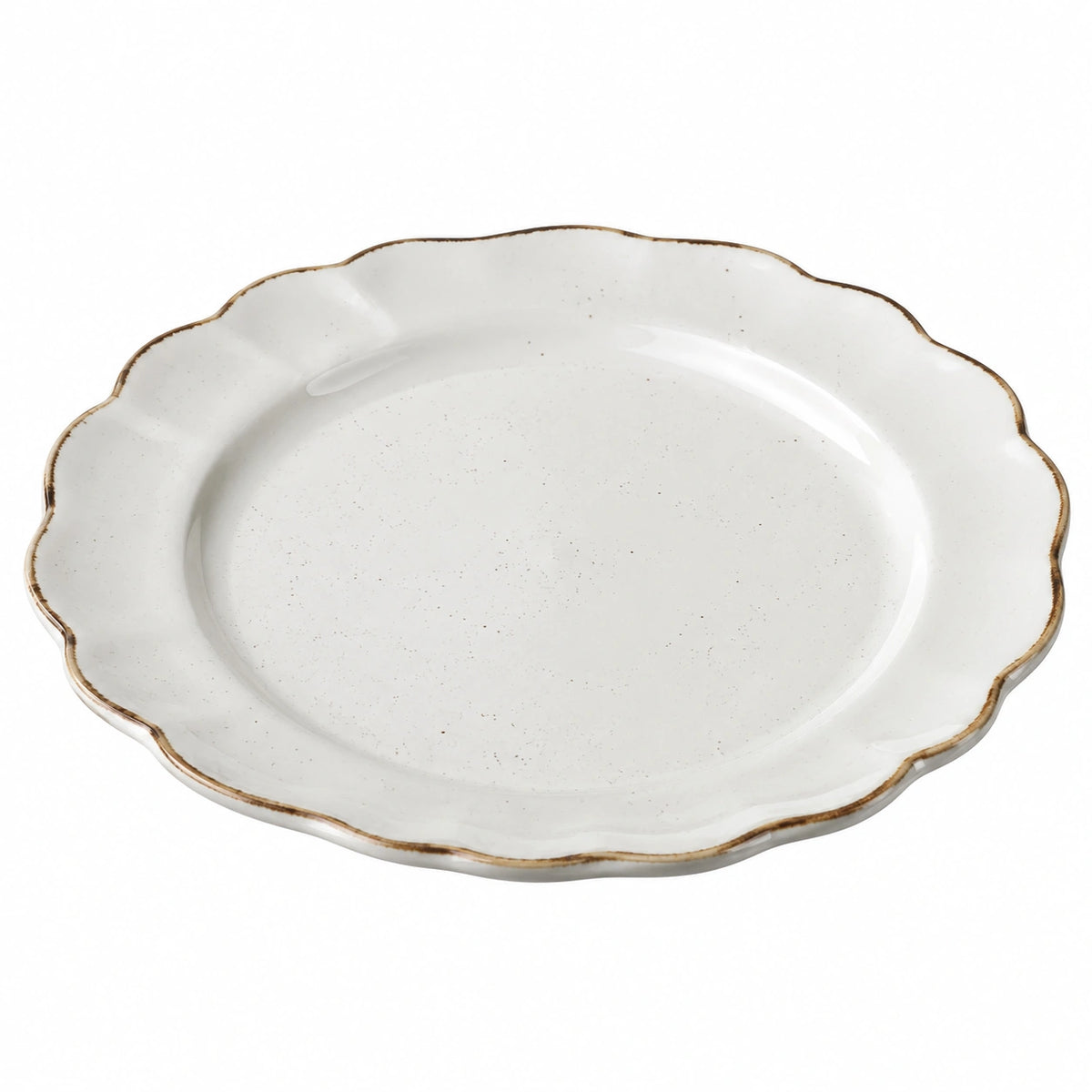 Assiette plate 27 cm en céramique blanche bord brun - forme festonnée