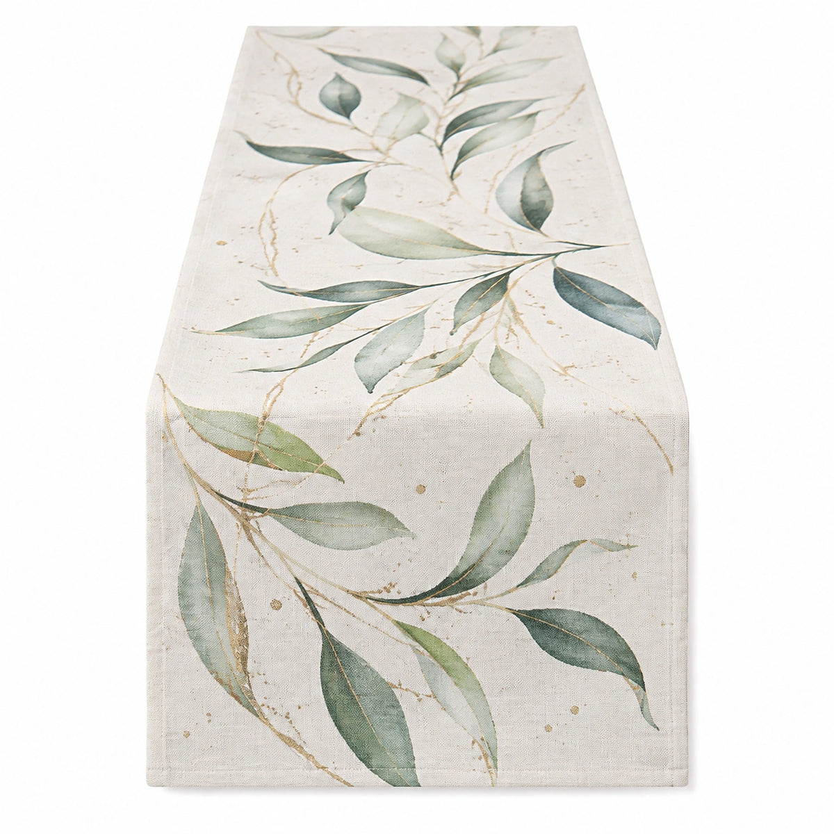 Chemin de table 180 x 33 cm en tissu beige et vert à motif feuillage style botanique
