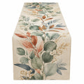 Chemin de table 180 x 40 cm en tissu aspect lin beige motif botanique avec franges
