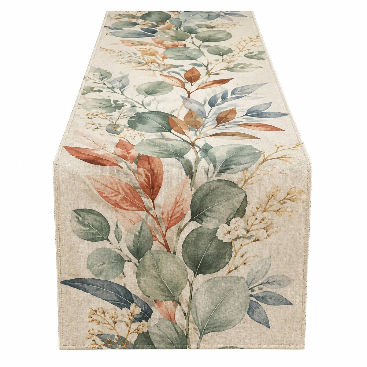 Chemin de table 180 x 40 cm en tissu aspect lin beige motif botanique avec franges